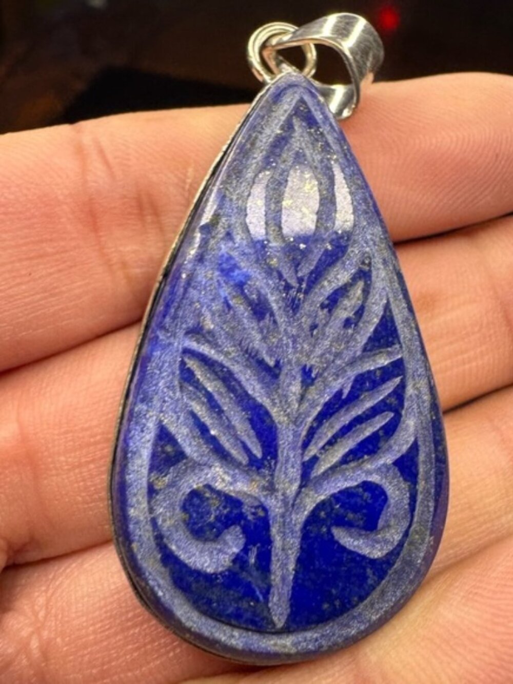 Carved Natural Lapis Lazuli Leaf Gemstone Pendant 2.2"